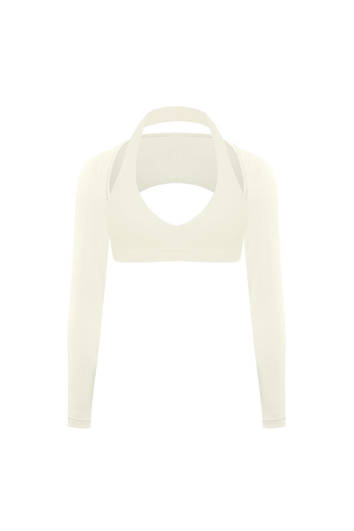 WISKII V-cut halter bra and minimal long sleeve sports shrug bundle outfit, featuring stylish, comfortable activewear and layered design.
