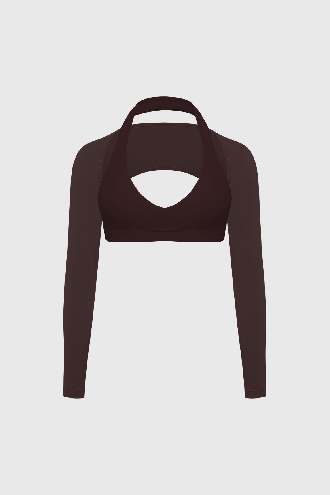 WISKII V-Cut halter bra and minimal long sleeve sports shrug in a stylish bundle, displayed on a neutral background.