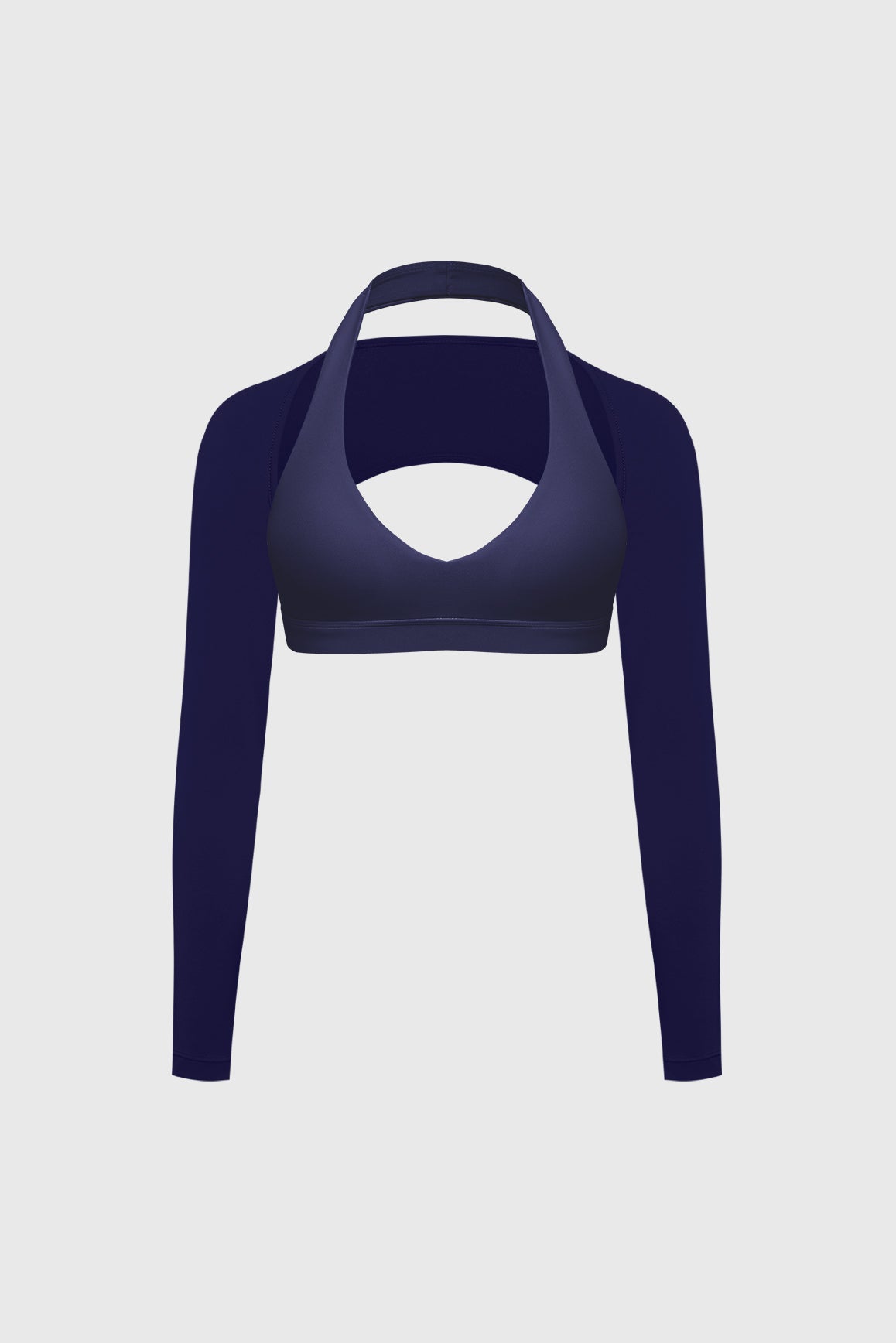 WISKII V-Cut halter bra and minimal long sleeve sports shrug bundle outfit, stylish activewear set, worn together in a modern fashion look.