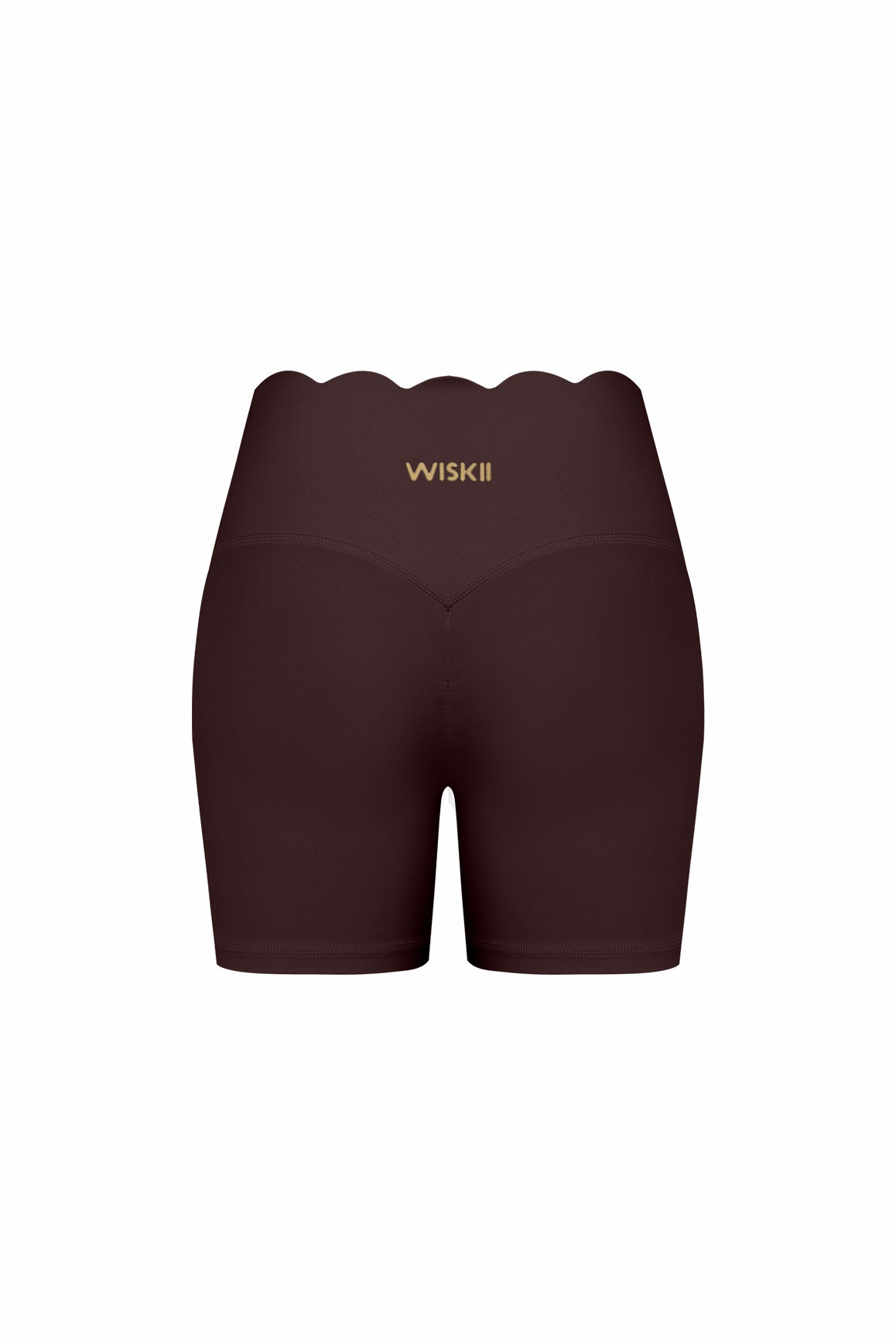 WISKII high-waist scallop scrunch shorts in beige with scalloped edges and a fitted high-waist design, front view.