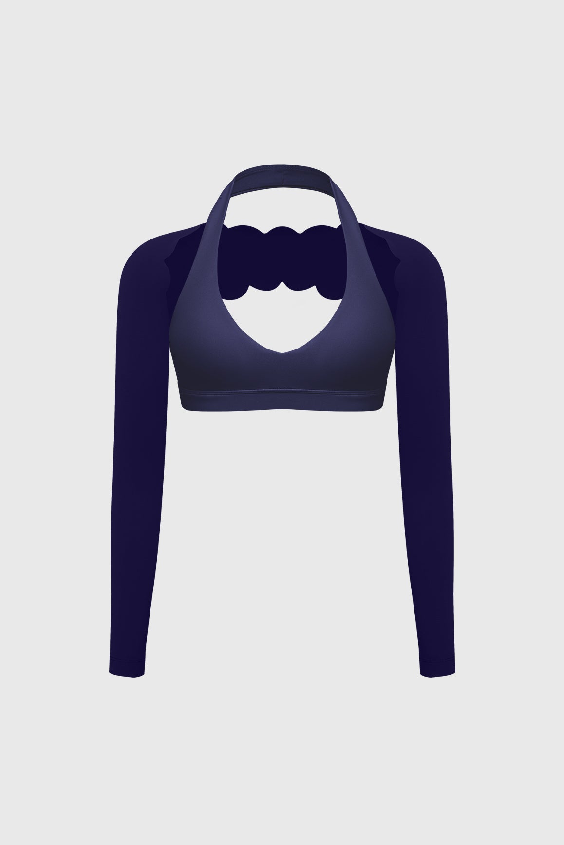 WISKII V-cut halter bra and scalloped long sleeve sports shrug bundle outfit, stylish crop top with elegant sleeve design.