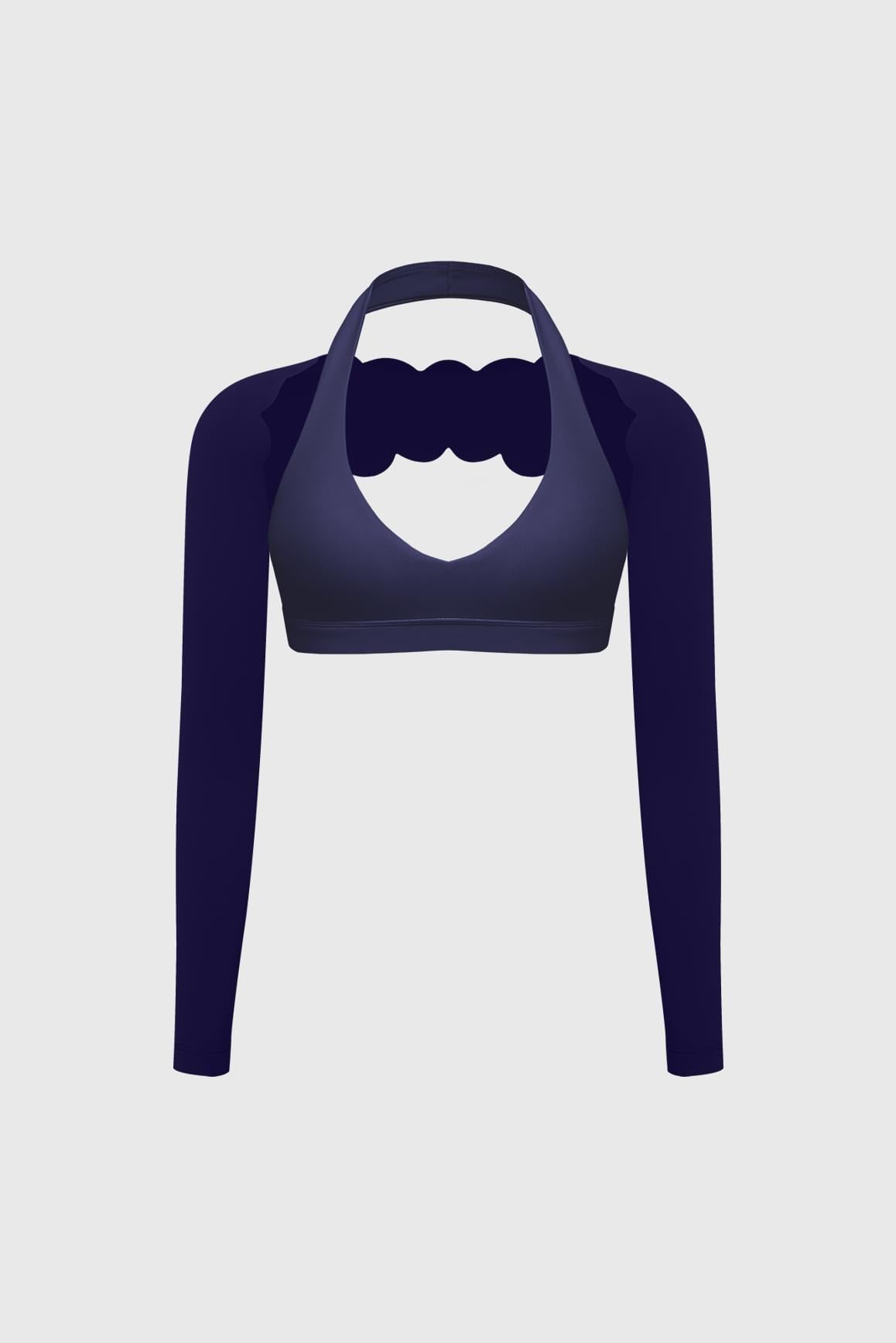 WISKII V-Cut halter bra and scalloped long sleeve sports shrug outfit bundle displayed on a model.