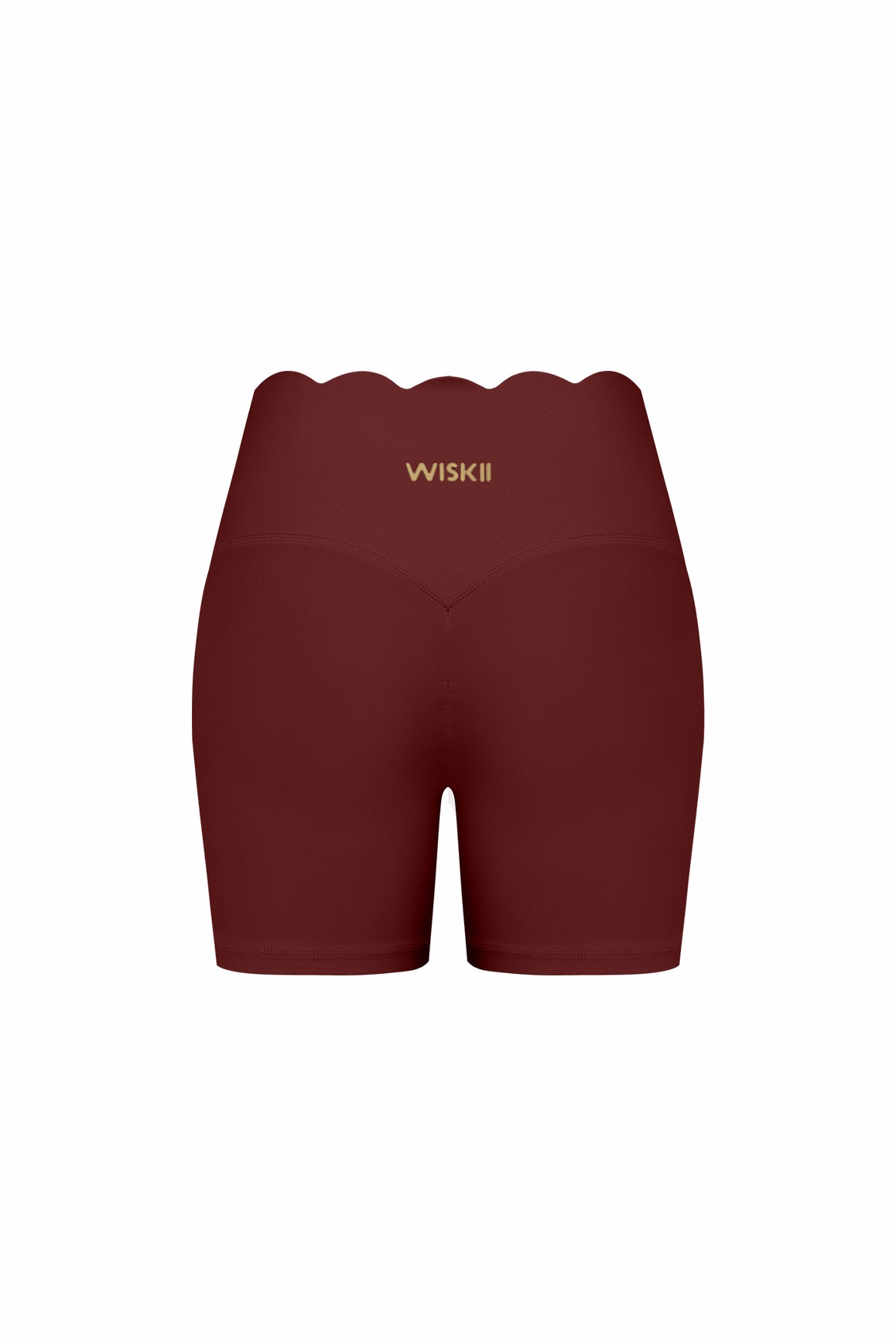 WISKII high-waist scallop scrunch shorts in light fabric with scalloped edges and a snug fit, styled for casual summer wear.