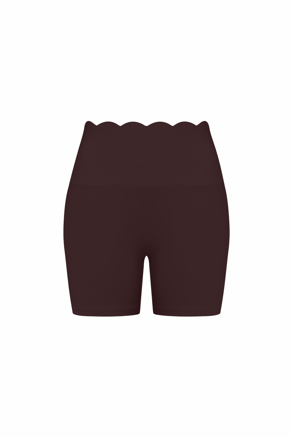 WISKII high-waist scallop scrunch shorts in light blue with ruffled scallop edges and fitted design.