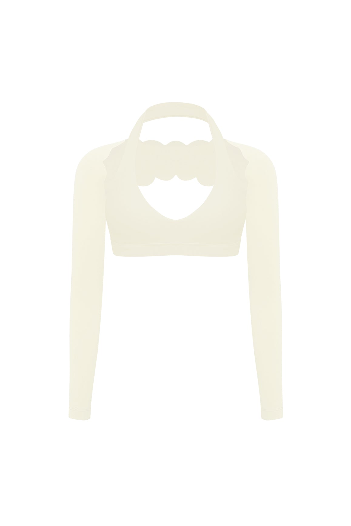 WISKII V-cut halter bra and scalloped long sleeve sports shrug in a stylish matching bundle outfit, shown on a model.