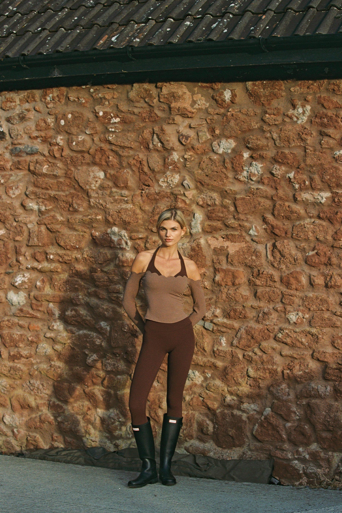 Scallop Off-Shoulder Colorblock Long Sleeve Top