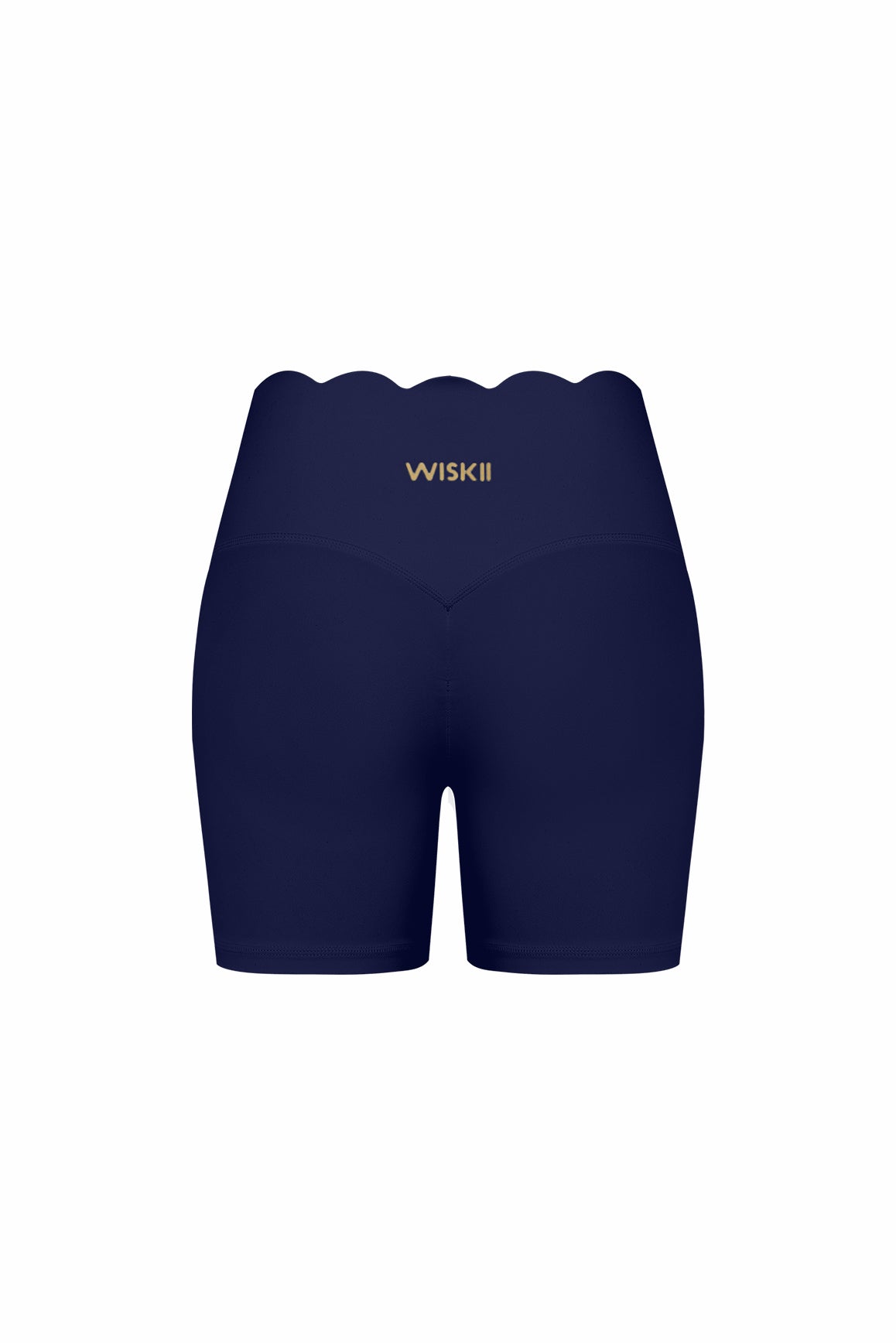 WISKII high-waist scallop scrunch shorts in light fabric, featuring scalloped edges and a fitted design, shown on a model.