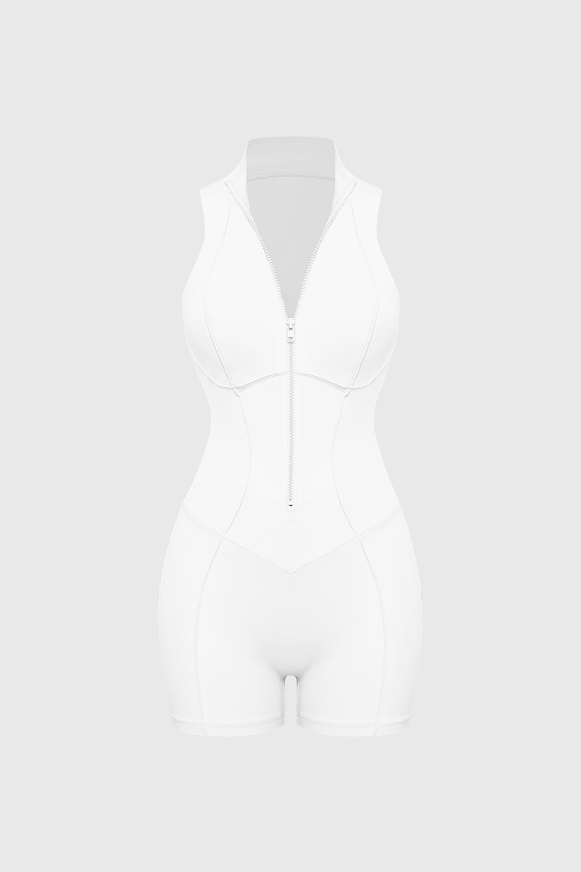 WISKII Hourglass zip-up playsuit in black, featuring a fitted design with a front zipper and long sleeves, displayed on a mannequin.