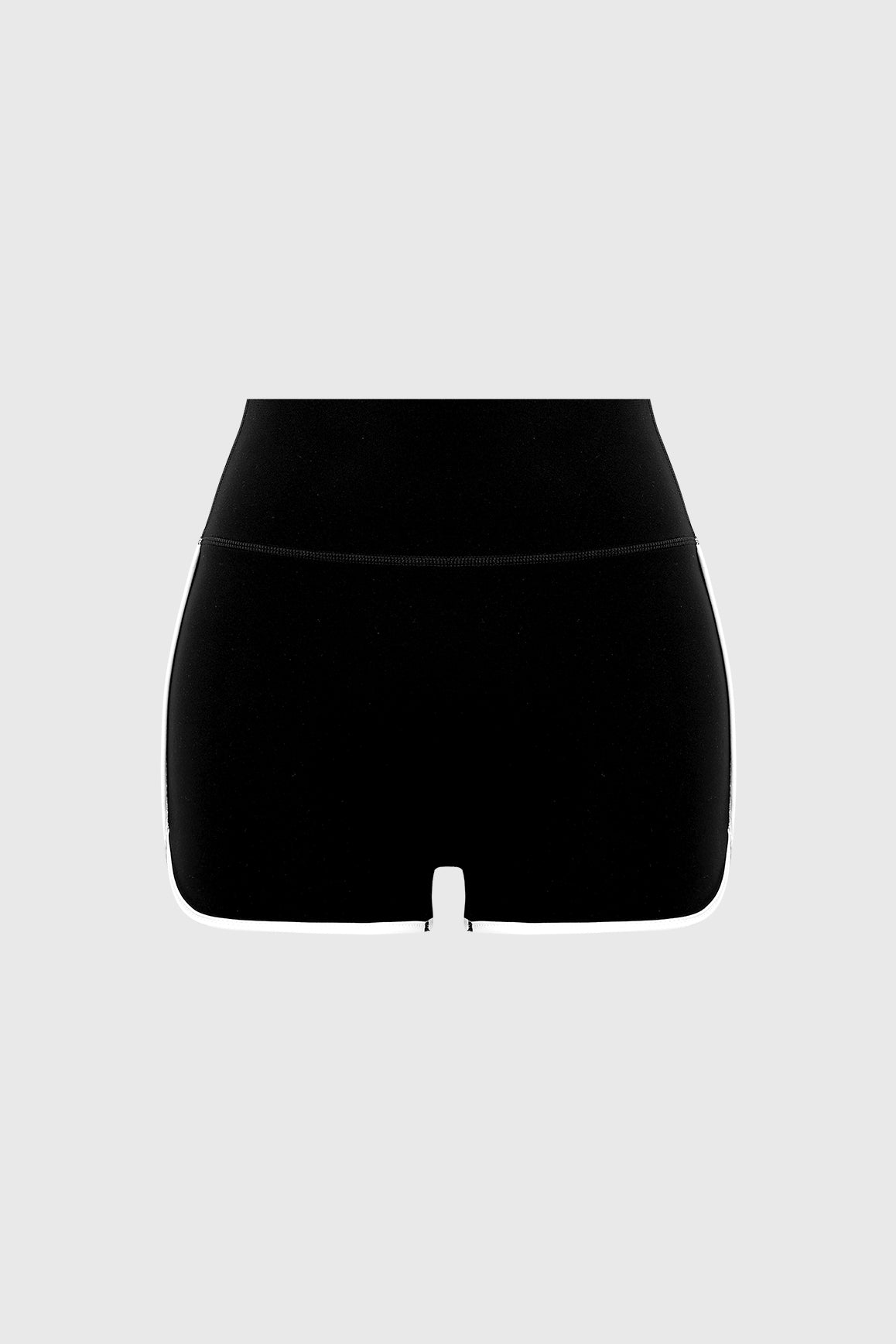 WISKII contrast piping scrunch shorts in black with white piping, featuring a high-waisted design and relaxed fit.