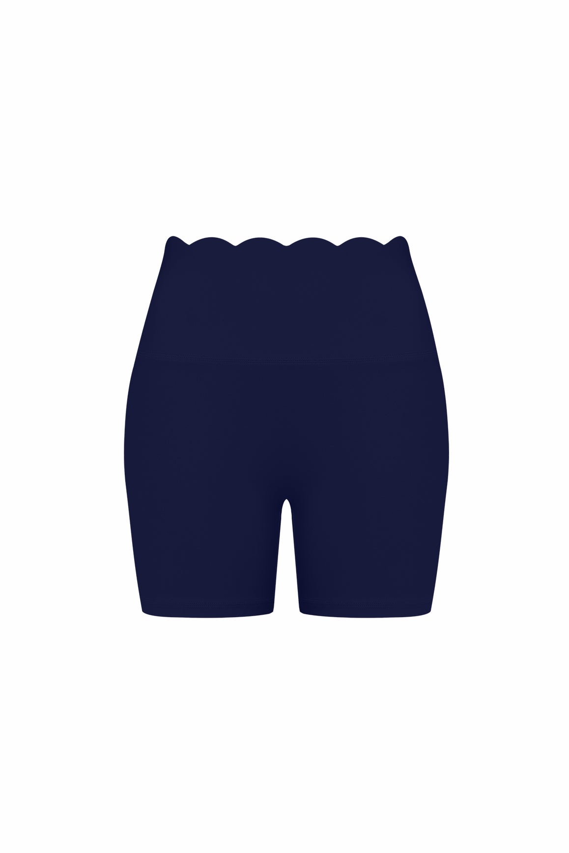 WISKII high-waist scallop scrunch shorts in lightweight fabric with scalloped hem and fitted design, shown on model.