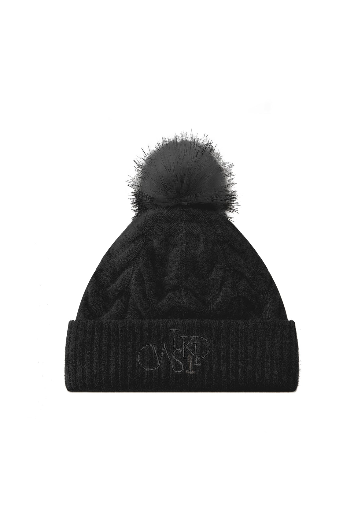 Black chunky cable knit beanie by WISKII, cozy accessories with thick cable pattern and folded brim.