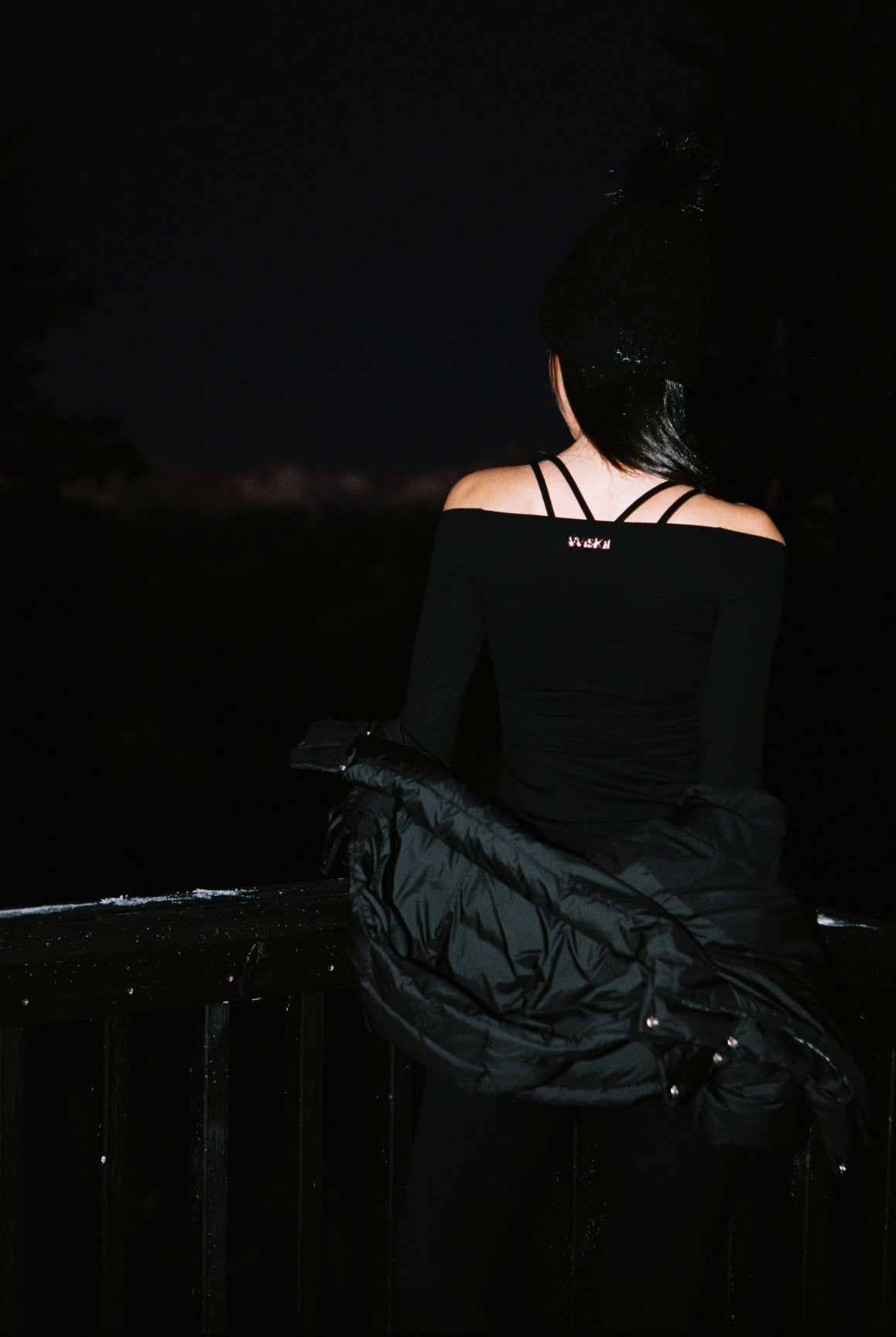 Model wears a Long Sleeve Ruched Off-Shoulder Top | WISKII ACTIVE | Black