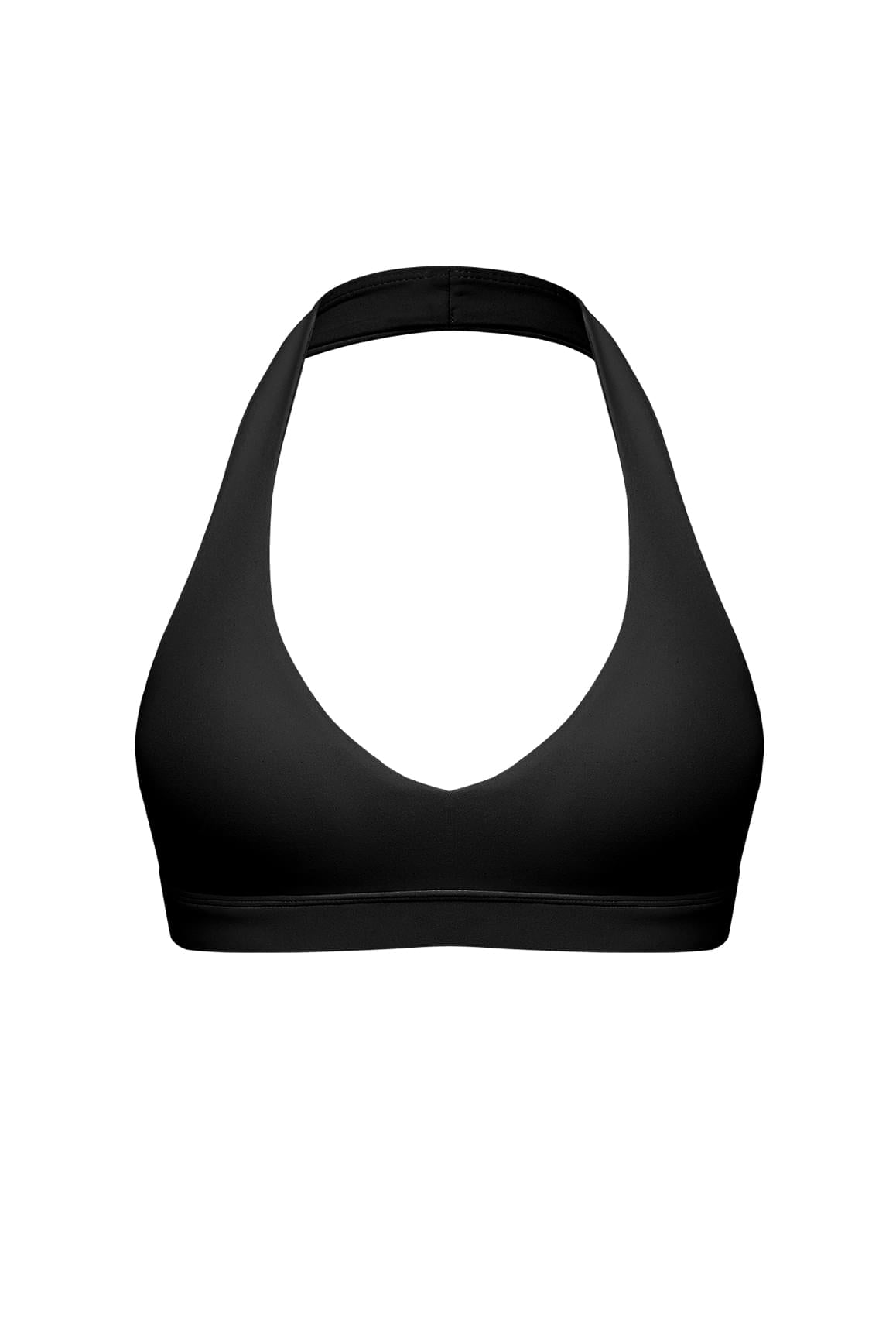 模特兒身上展示的黑色WISKII V型剪裁掛脖運動內衣,具備支撐性設計與舒適貼合感,適合運動穿搭。