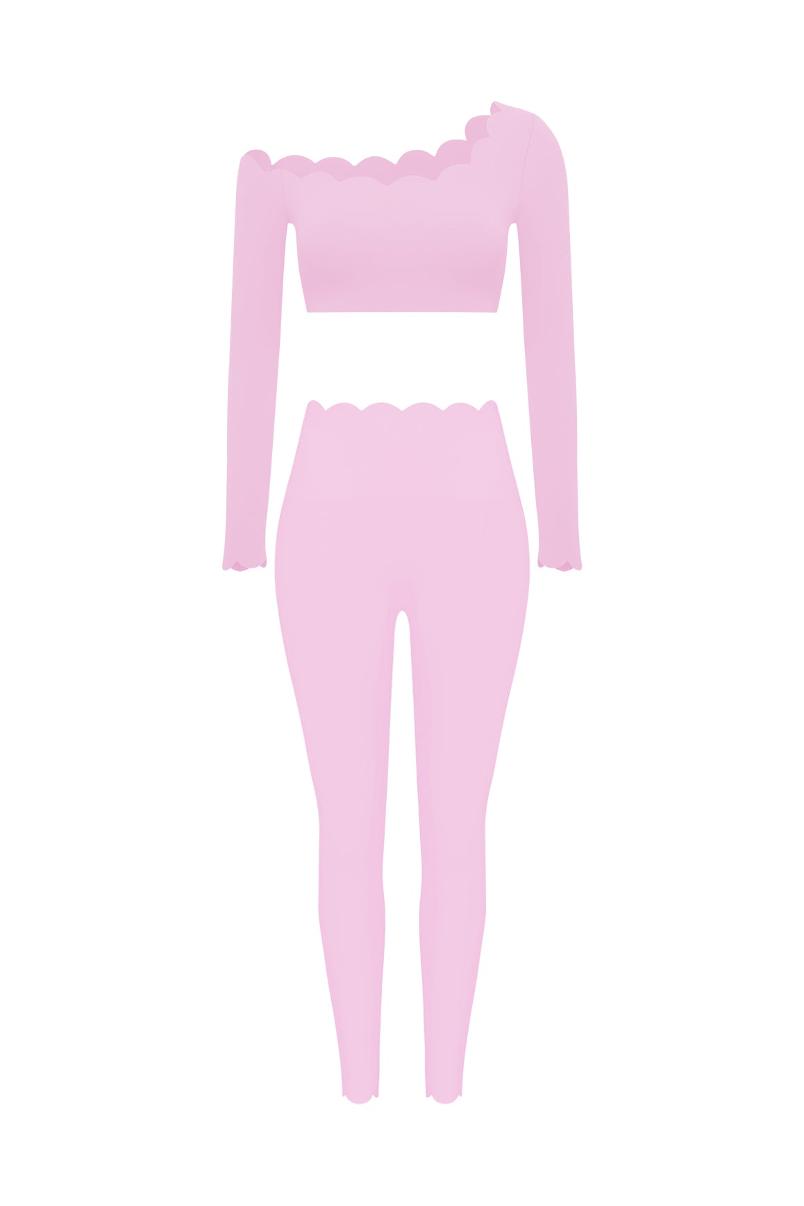 WISKII one-shoulder scallop long sleeve crop top and high-waist scallop scrunch leggings on a model.