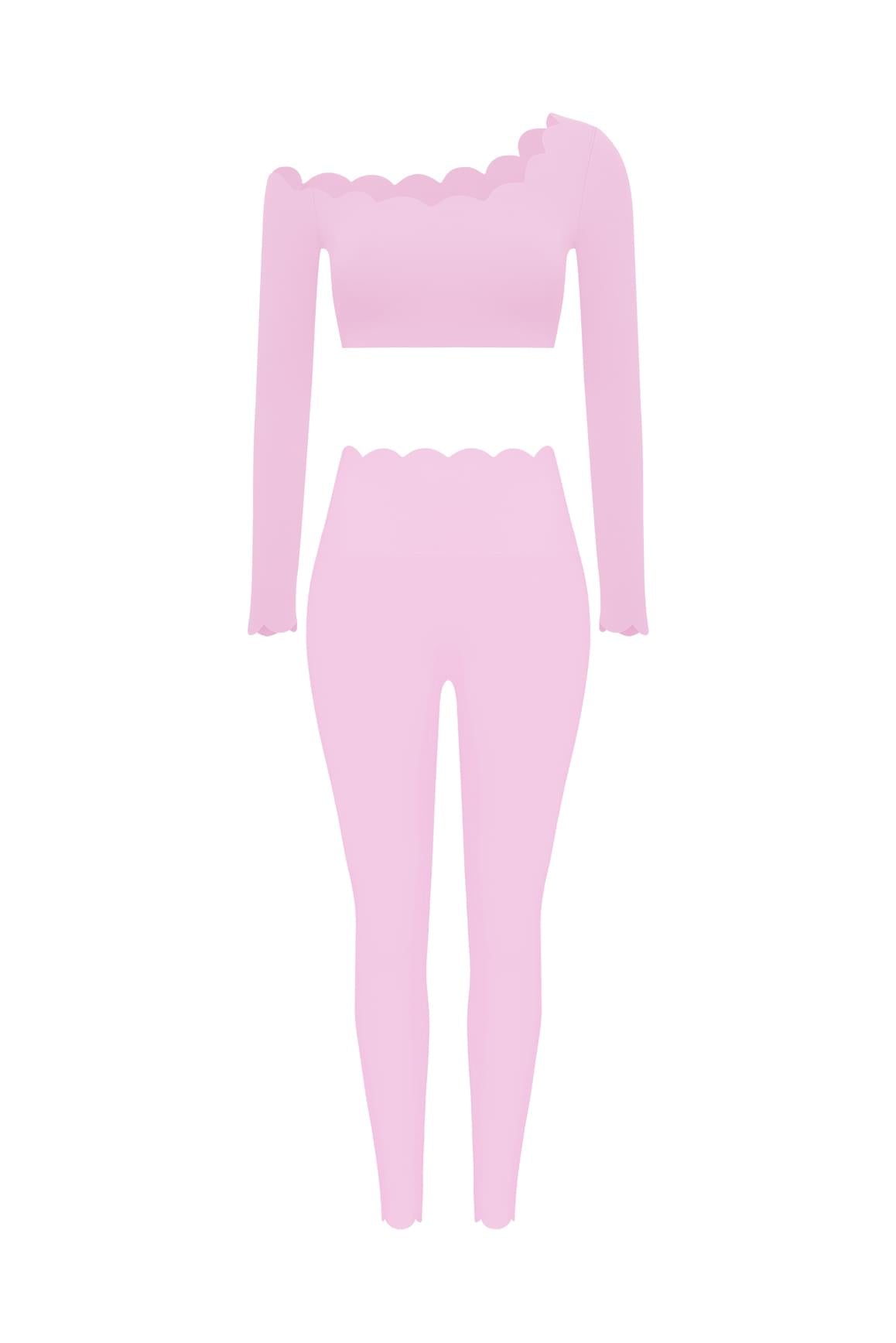 WISKII 單肩扇形長袖短版上衣搭配高腰扇形抽皺緊身 leggings,時尚成套的運動機能穿搭