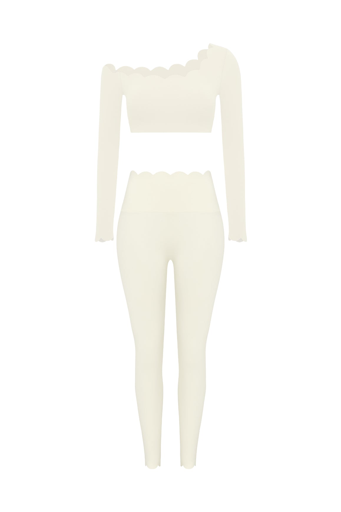 WISKII bundle outfit featuring a one-shoulder scallop long sleeve crop top and high-waist scallop scrunch leggings.