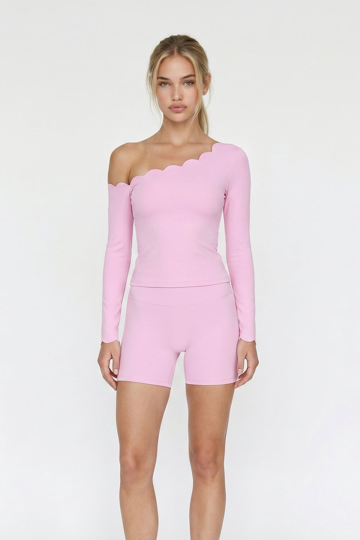 One-shoulder Scallop Long Sleeve Top
