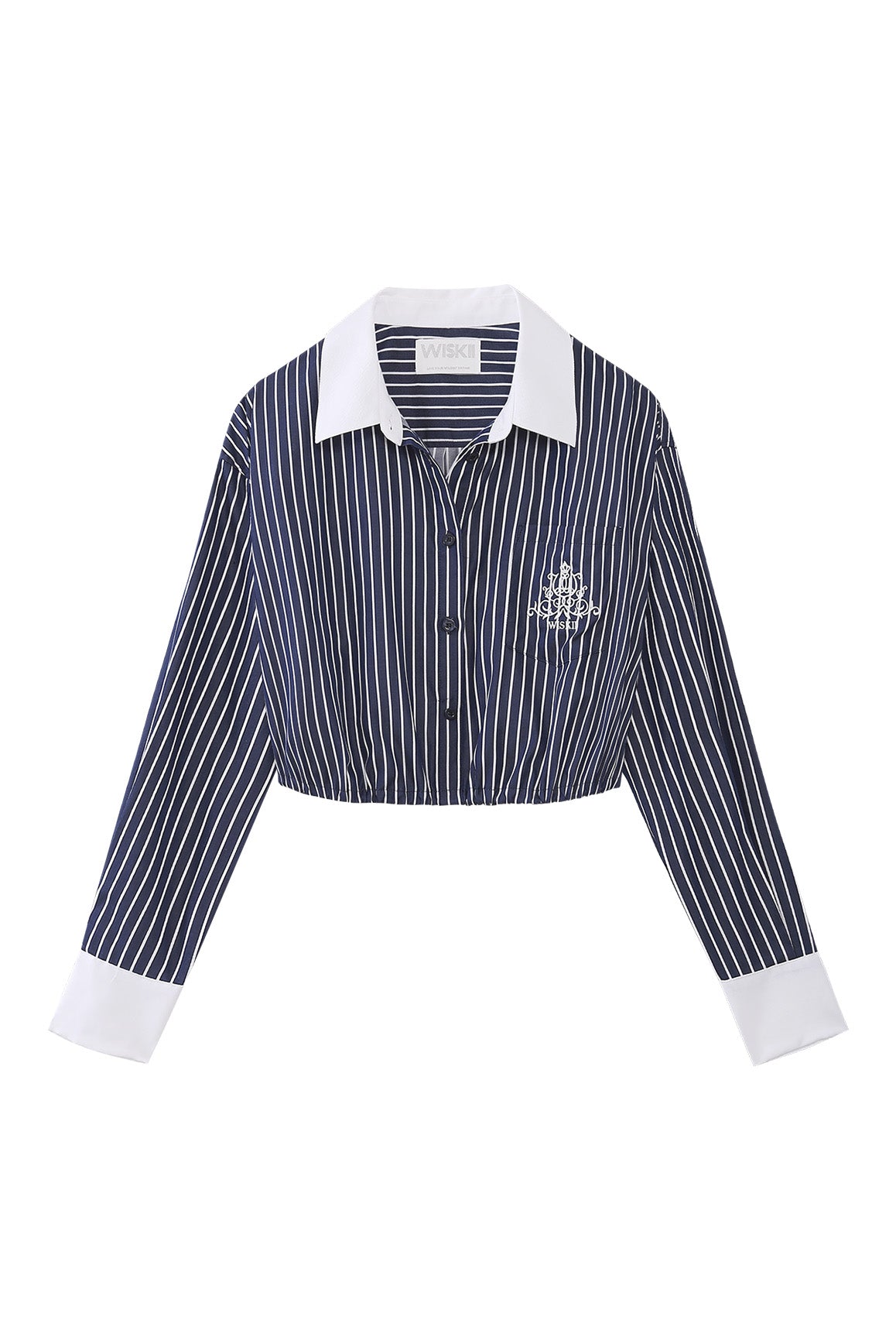 WISKII Stripe Button-Down Crop Shirt featuring a classic collar, long sleeves, and a stylish cropped fit.