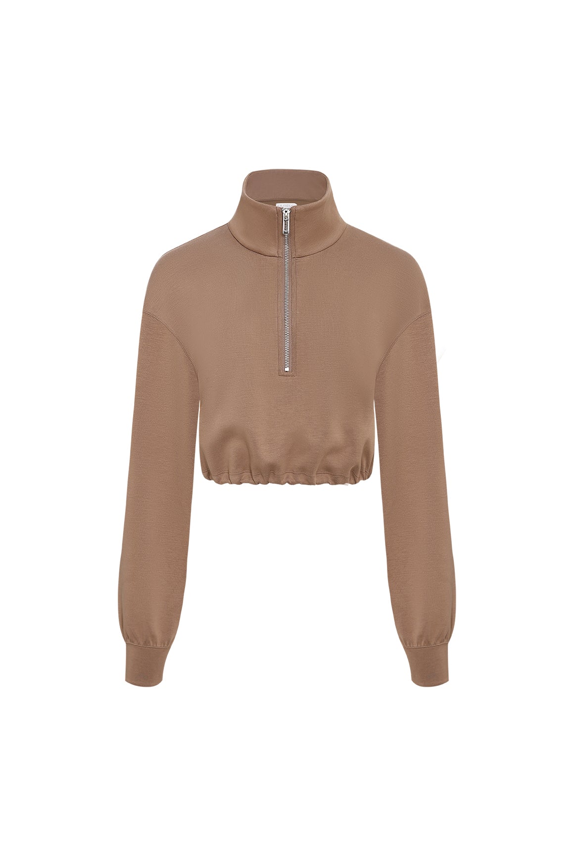 WISKII Serene cropped half-zip pullover hoodie in soft fabric, shown in a relaxed fit with a half-zip collar and long sleeves.