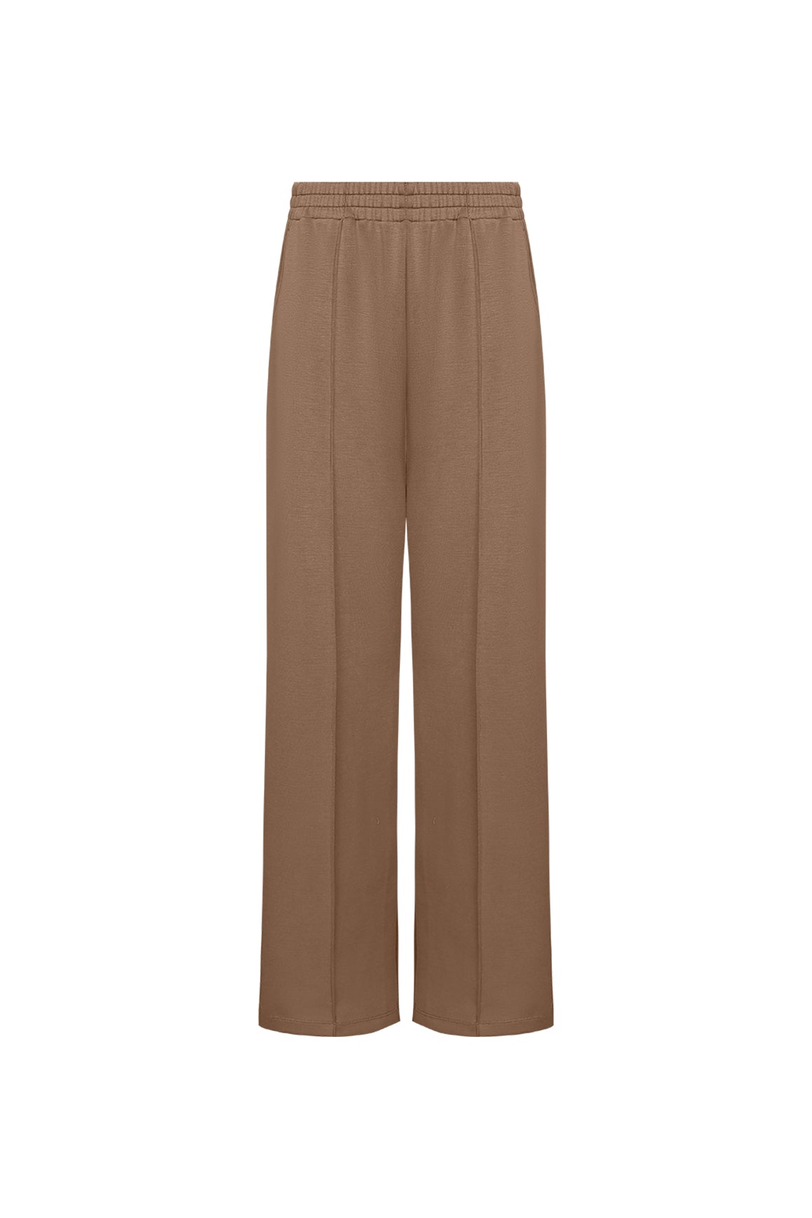 WISKII Ease Wide Leg Pants in tan fabric, featuring a relaxed fit and wide-leg design, shown on a model.