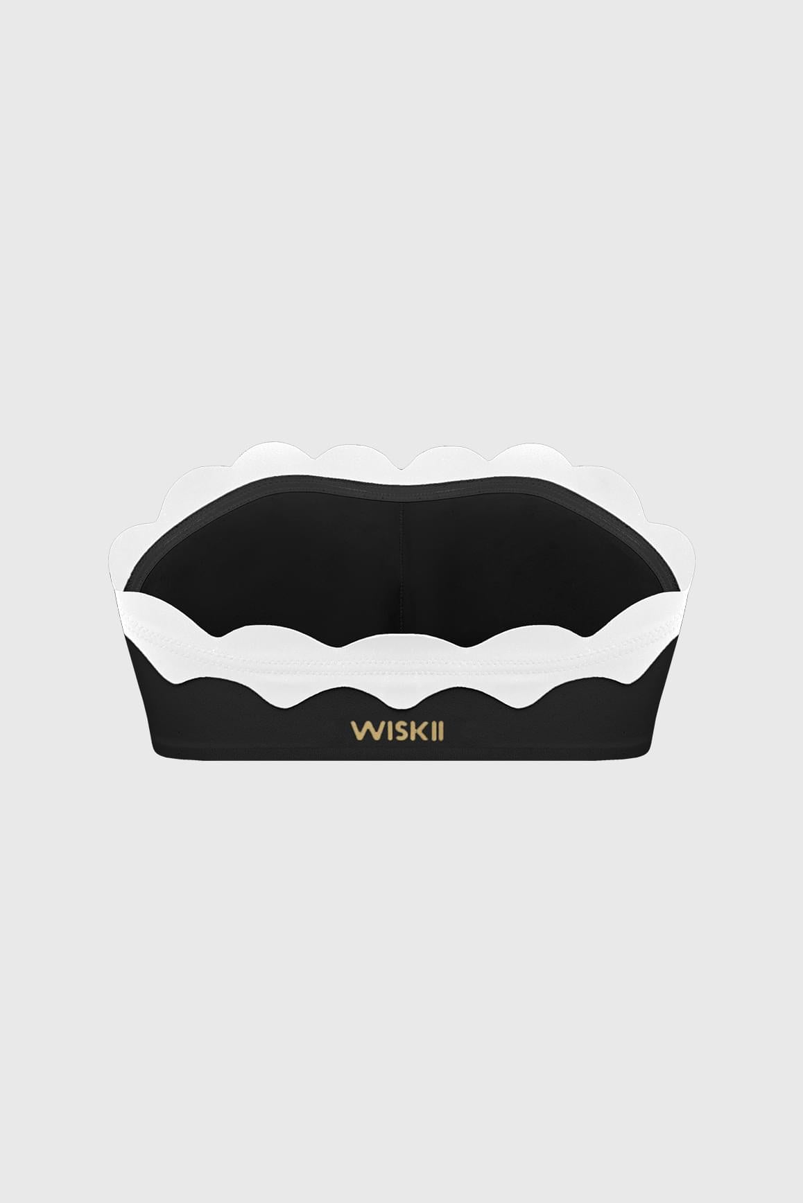 WISKII 黑色扇形撞色 bandeau 運動內衣,配有白色扇形滾邊,緊身剪裁且具支撐性設計