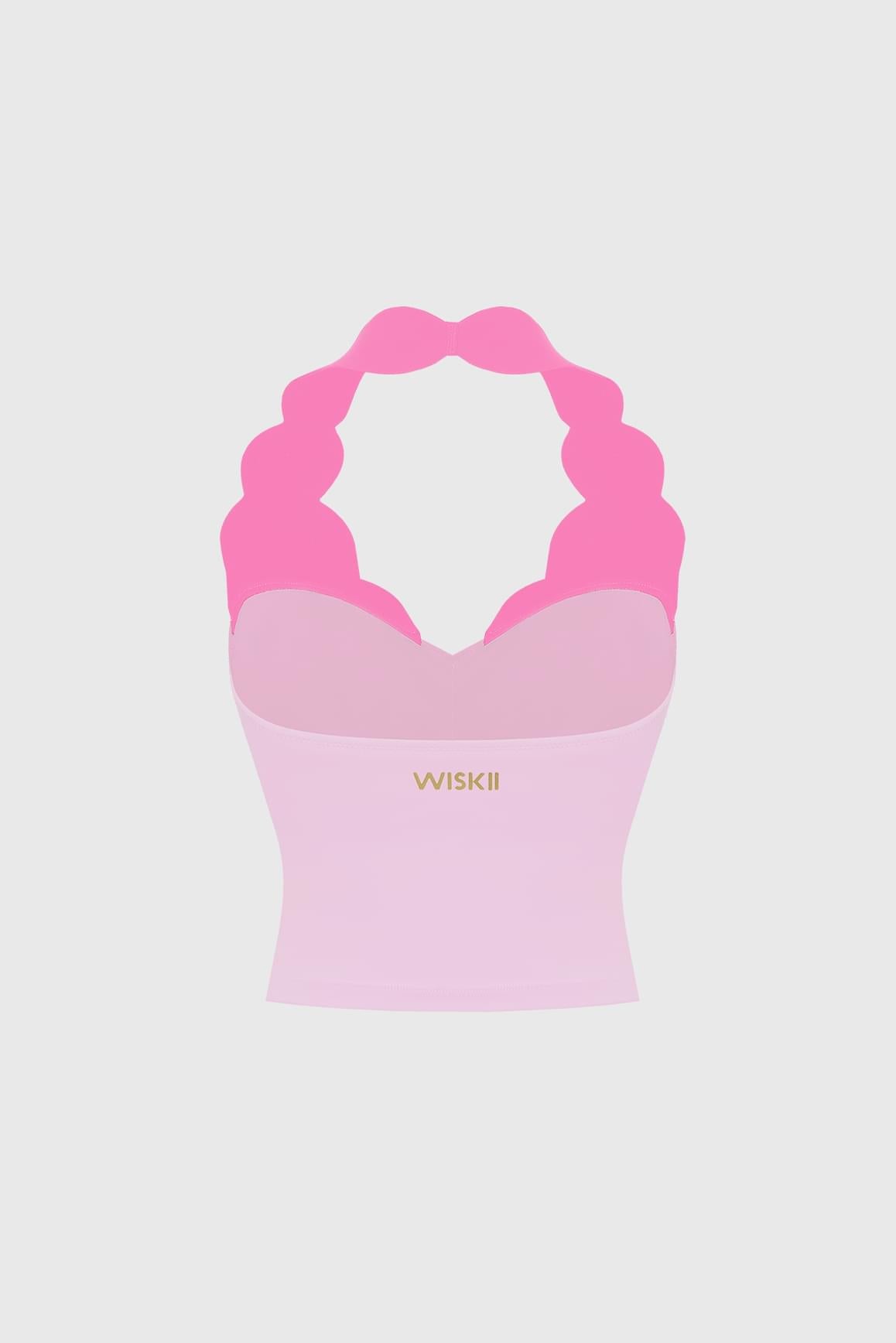 WISKII Riviera 扇貝滾邊撞色掛脖短版上衣,具備扇貝狀邊緣與時髦掛脖領型。