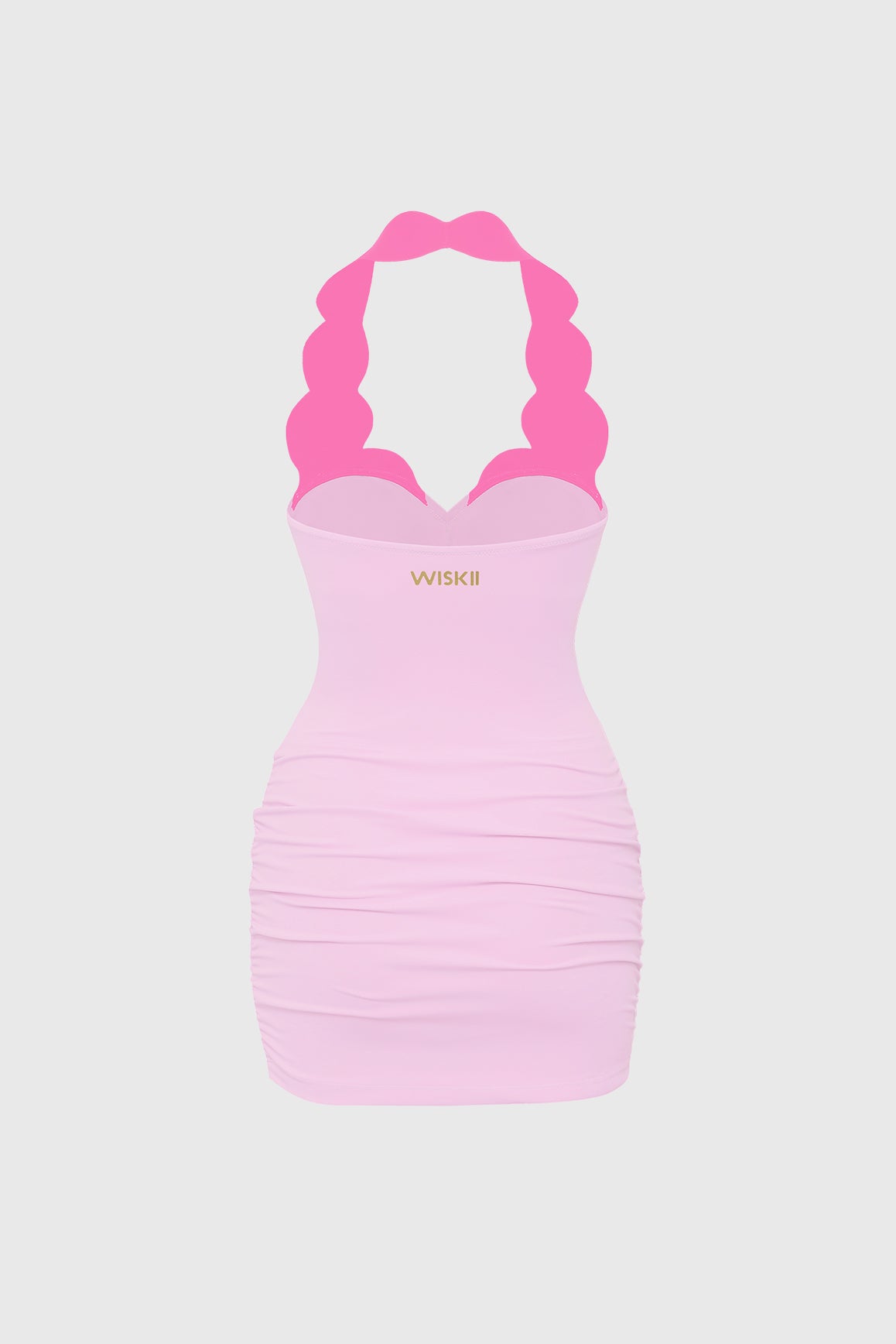 WISKII Riviera scallop contrast halter dress with fitted bodice and flowing skirt, featuring scallop detailing and halter neckline.
