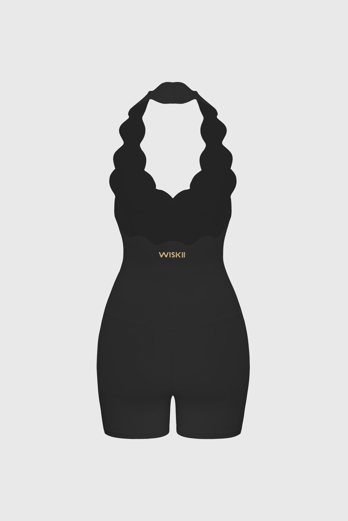 WISKII scallop-halter hourglass playsuit with fitted silhouette, featuring scalloped details and a stylish halter neckline.