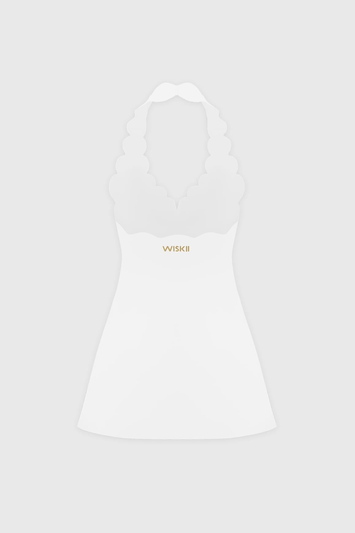 WISKII Riviera 扇貝掛脖深藍洋裝,具備合身上身、扇形領口與飄逸裙擺,非常適合夏日各種場合。