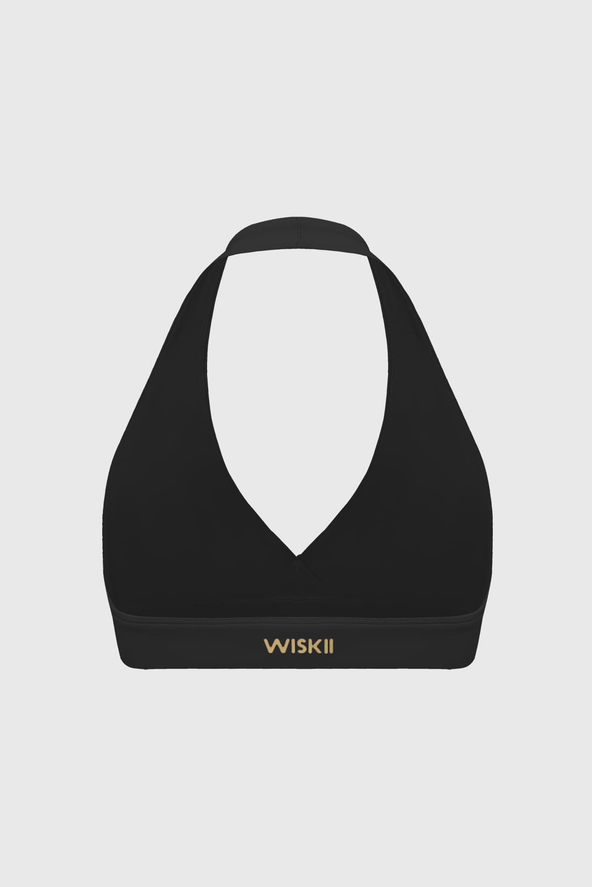 WISKII 水波皺褶掛脖運動內衣 黑色款,具備皺褶細節與掛脖領型,專為運動穿搭設計