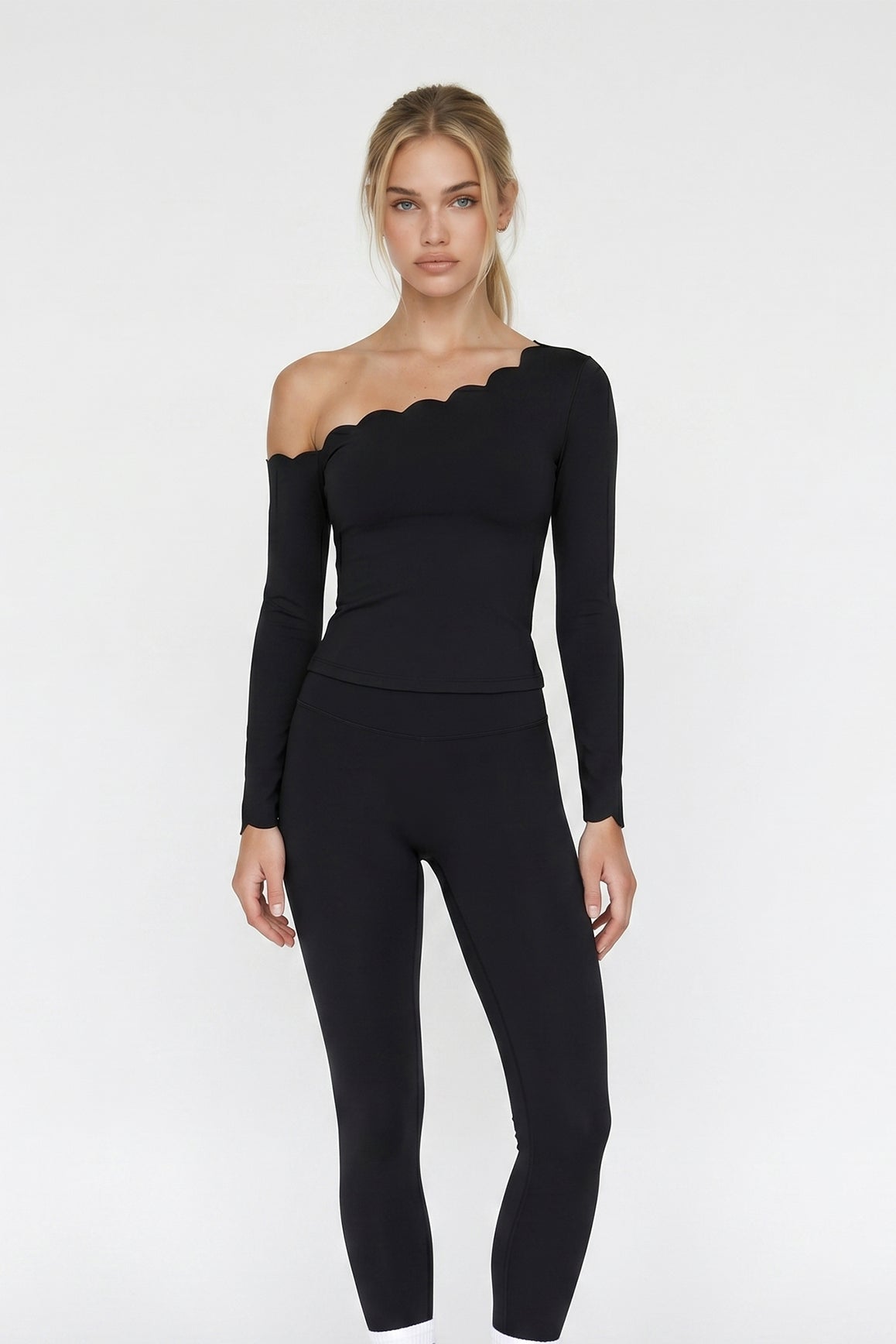 One-shoulder Scallop Long Sleeve Top - WISKII - Shirts & Tops