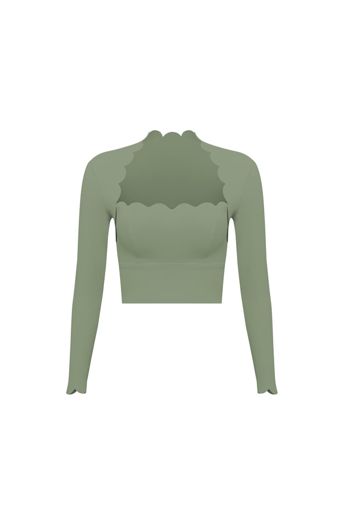 Scallop Cropped Long Sleeve Top - WISKIIWS313SageS