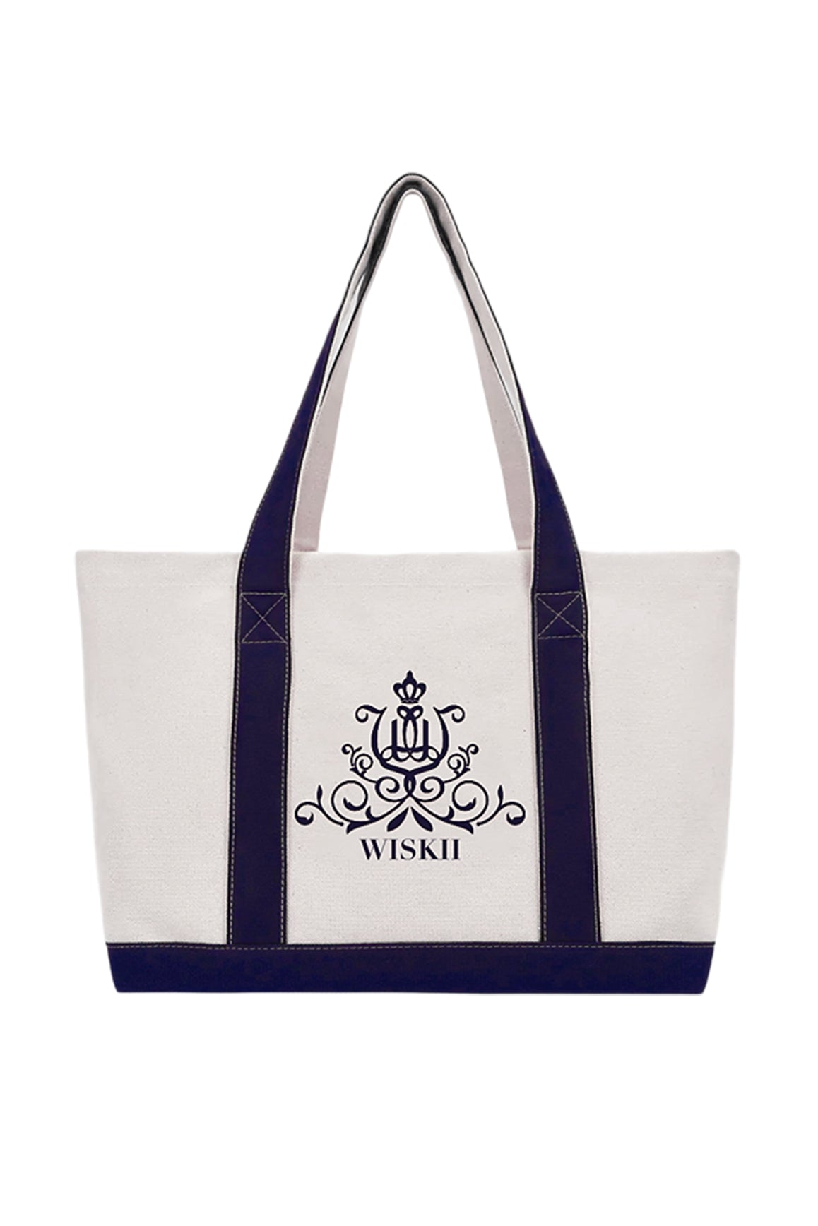Midnight blue WISKII Clubhouse Canvas Tote Bag, stylish accessories with sturdy handles and spacious interior.