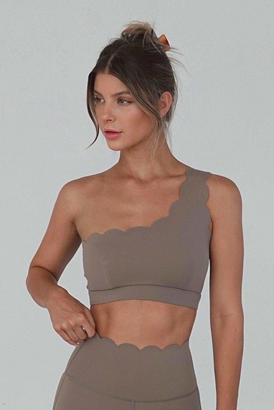 WISKII dynamic one shoulder sports bra and 7/8 high-waist energy leggings in coconut shell print, stylish athletic outfit bundle