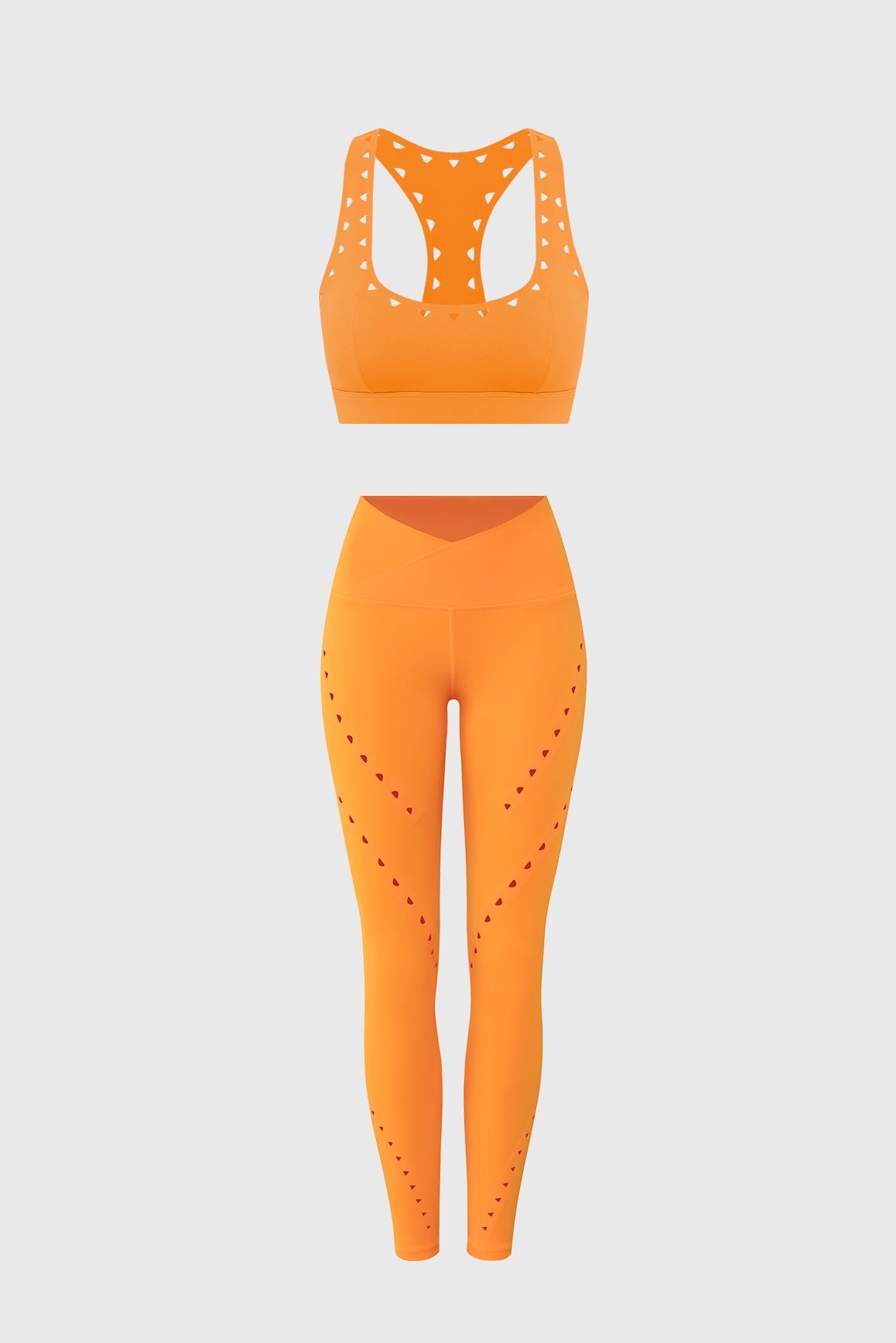 WISKII flame orange racerback laser cut sports bra and V-waist laser cut sports leggings bundle, athletic workout outfit.