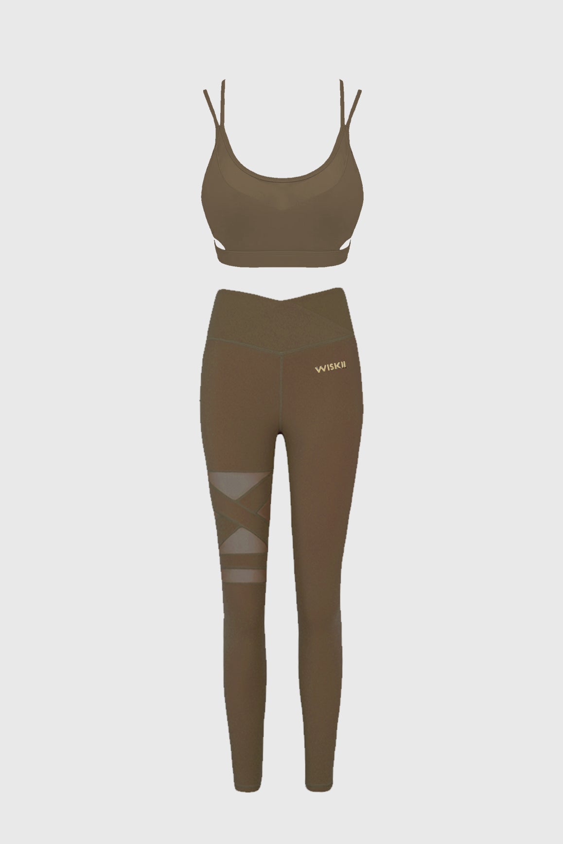 WISKII olive green flex strappy sports bra and training mesh leggings bundle showing the stylish, supportive activewear set.