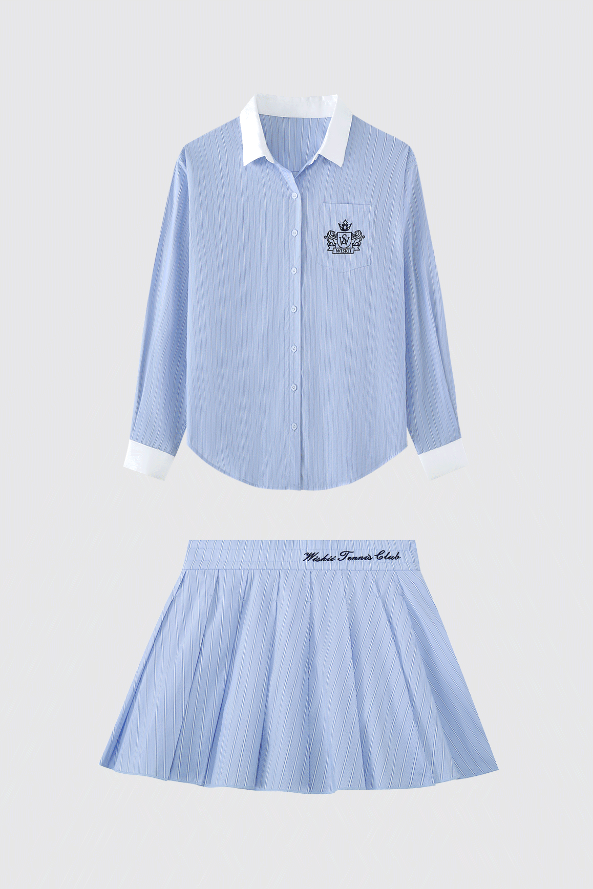 WISKII summer bundle with a relaxed cotton shirt and pleated skirt, perfect for casual, stylish outdoor wear.