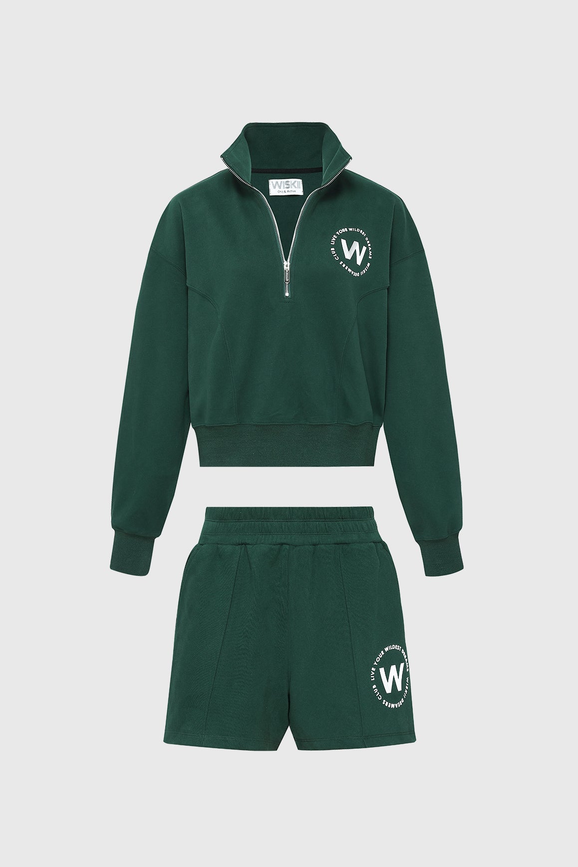 WISKII leisure half-zip sweatshirt and high-waist sweat shorts bundle in noble green, casual athletic wear for relaxed style.