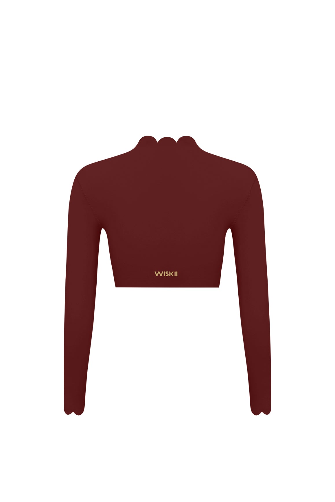 WISKII scallop cropped long sleeve top in mulled wine color, mini length, with scalloped edges, perfect for stylish casual wear.