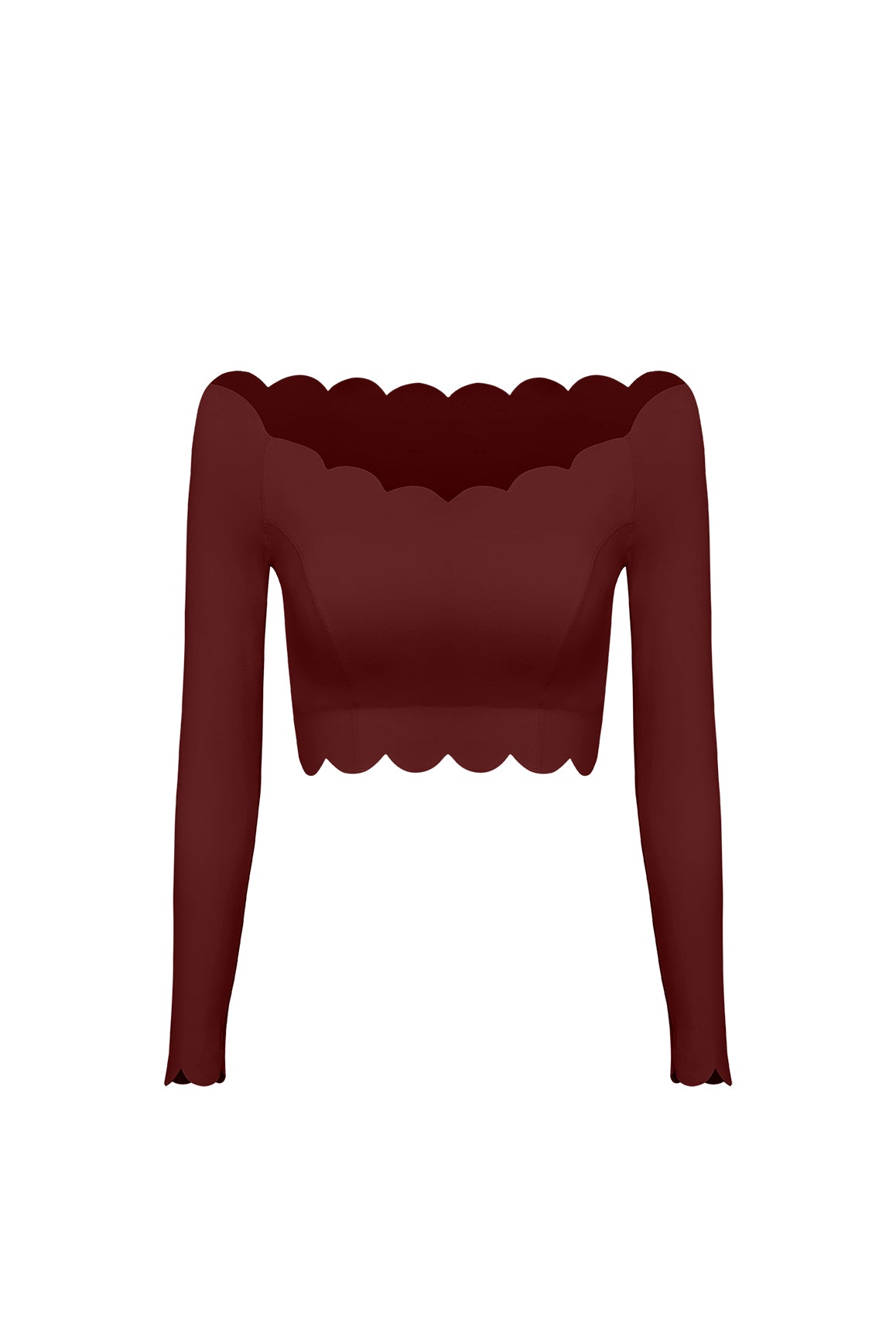 WISKII off shoulder long sleeve crop top in mulled wine color, featuring a stylish crop top design with shoulder-baring sleeves.