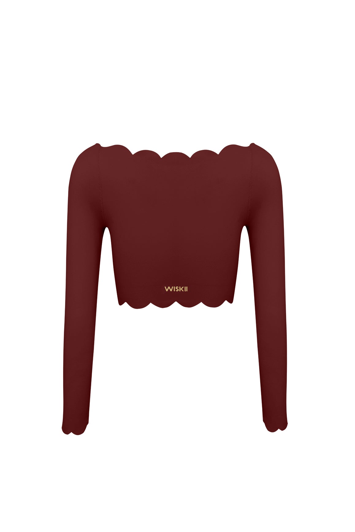 WISKII off-shoulder long sleeve crop top in mulled wine color, showcasing its fitted style and stylish design.