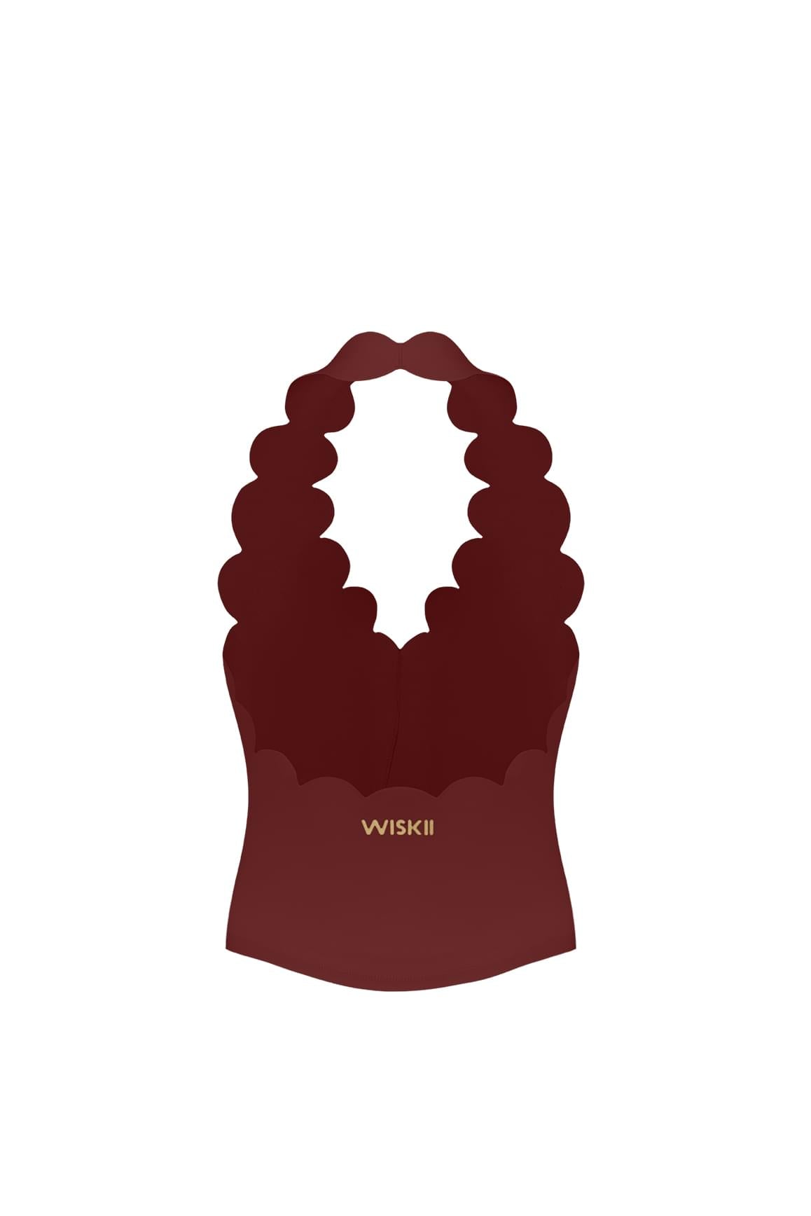 WISKII Riviera 扇貝造型掛脖 Bra Tank 短版上衣,色調為熱紅酒色,搭配扇貝滾邊與掛脖領口,休閒時尚且適合暖天穿搭