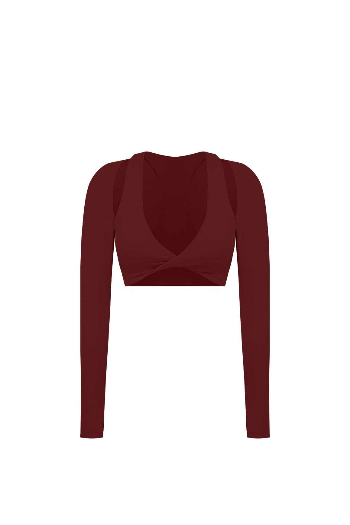 WISKII Twist-Front Shoulder Cut Crop Top in mulled wine color, featuring a twist-front design and cut-out shoulders.