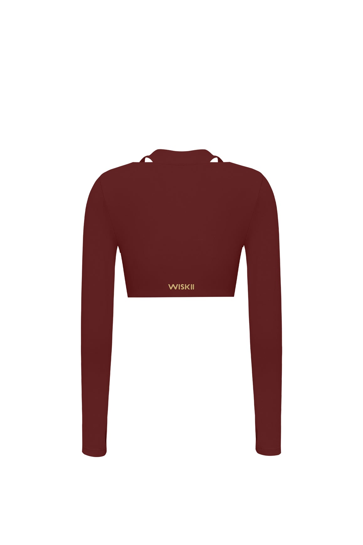 WISKII twist-front shoulder cut crop top in mulled wine color, stylish crop top with twisted front design and shoulder cutouts.