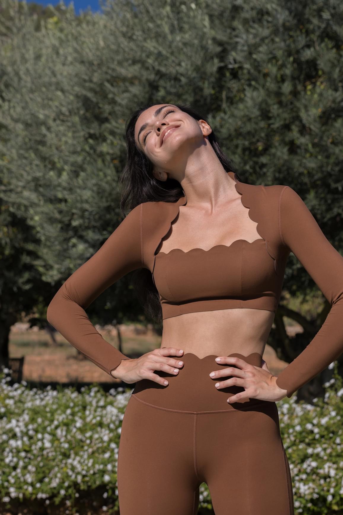 WISKII scallop cropped long sleeve top in sakura zen with mini length and scalloped edges, stylish crop top for casual wear.