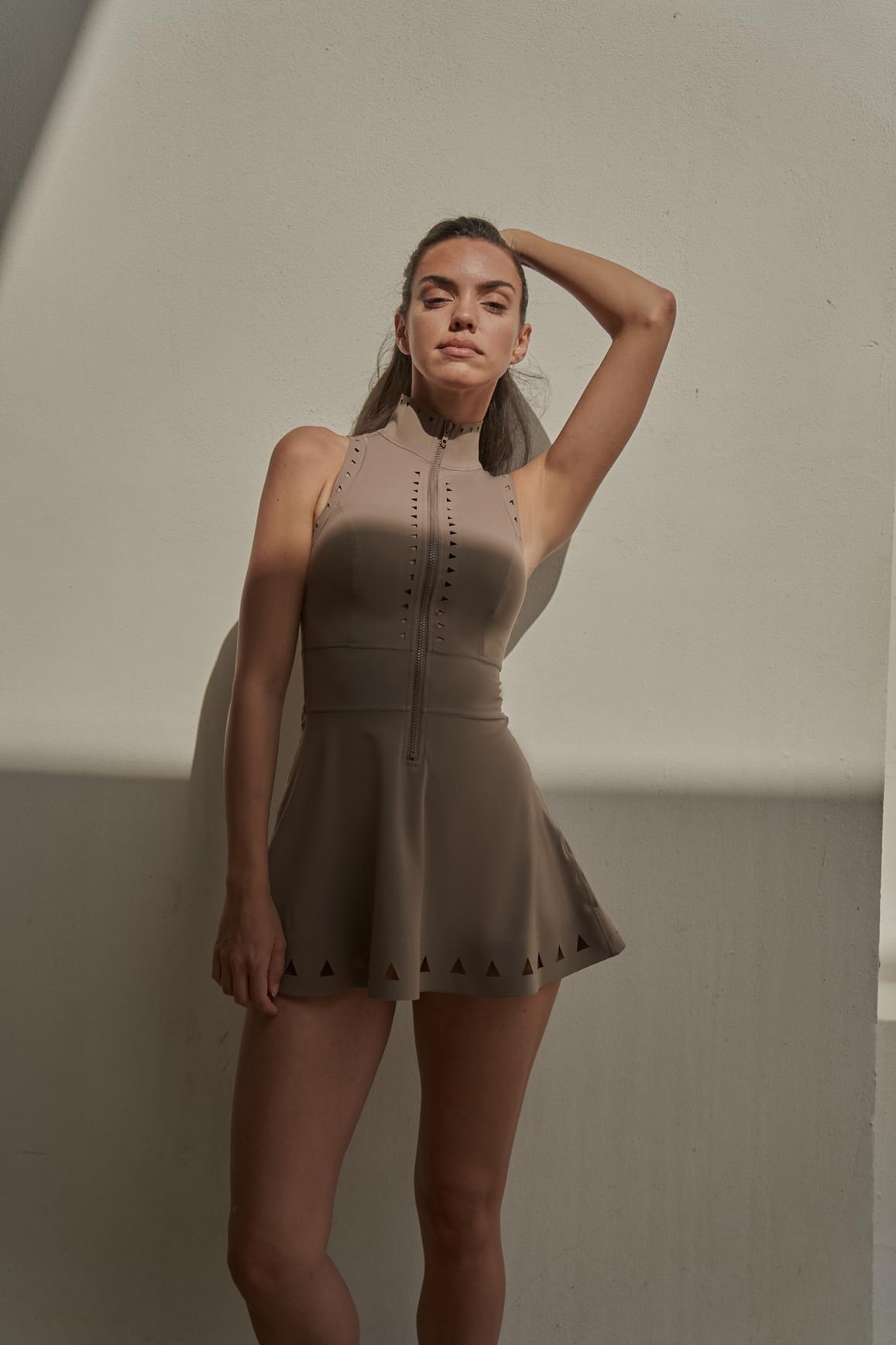 Ivory WISKII Lavish Laser Cut Zip Dress, stylish dress with intricate laser cut detailing and front zipper.