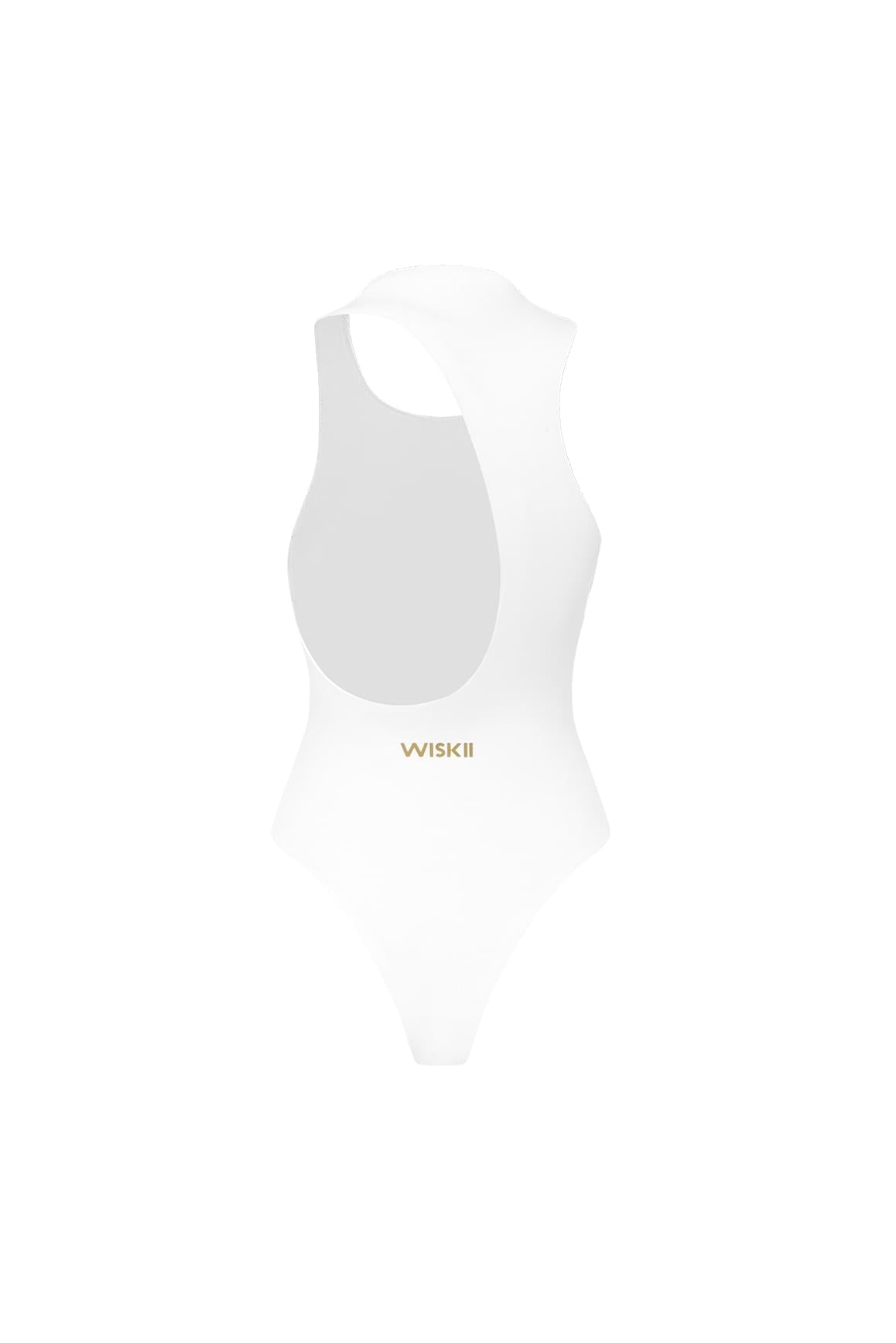 WISKII 推出的象牙白里維埃拉款不對稱背部連身衣,做為時尚洋裝套裝的一部分展示。