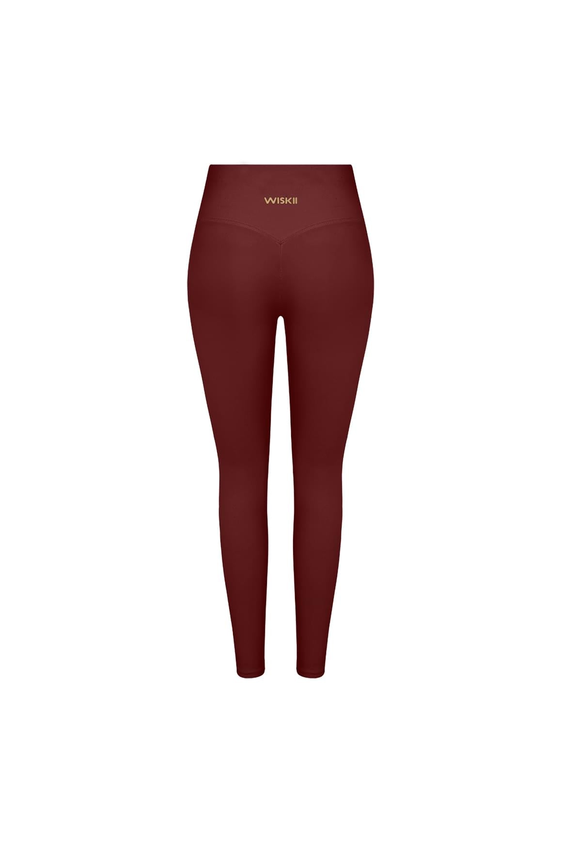 WISKII Riviera V腰抓皺緊身Leggings 熱紅酒色,彈性面料與V型腰頭設計的特寫