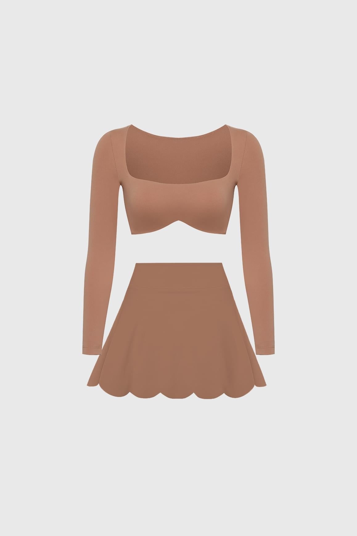 WISKII Long Sleeve Bra & High-Waist A-line Tennis Skirt - WISKIIWS233207cinnamonS
