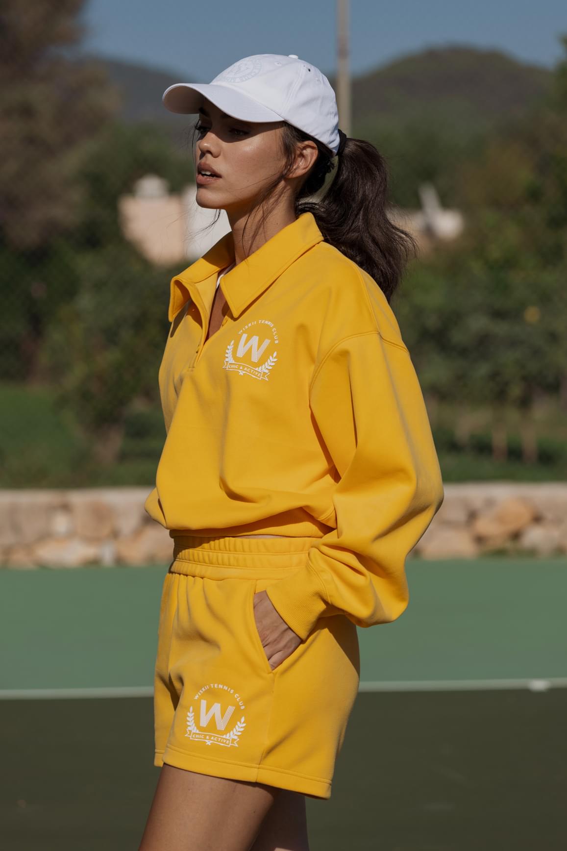 WISKII polo button front sweatshirt in latte color, casual loungewear with a classic collar and button closure, soft and comfortable.